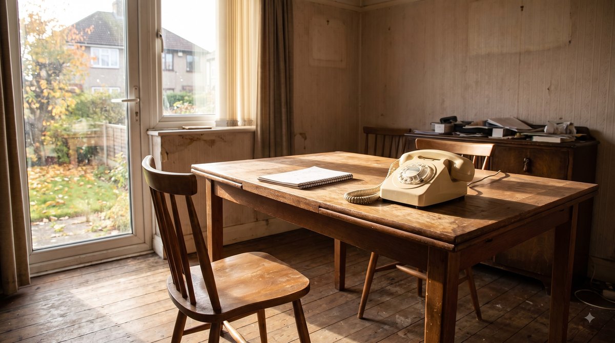 A dining room in a 1930s semi on a bright autumn afternoon, a cream landline telephone and a spiral notepad sitting on an otherwise cleared table, one chair…
