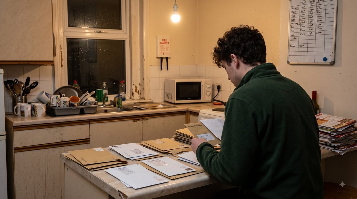 A shared house kitchen on a Sunday evening under a bare bulb, a young man in a supermarket fleece sorting a pile of unopened envelopes from three old jobs…