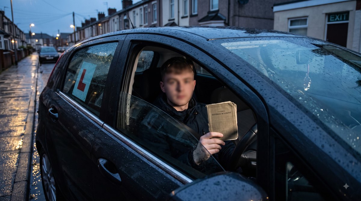 A dual-control learner car parked at the kerb of a terraced street in early evening drizzle, an L-plate propped in the rear window, a young man in the…