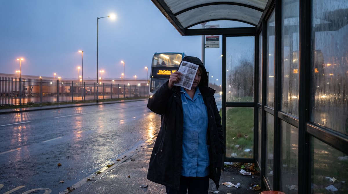 A bus shelter outside a distribution park before dawn in fine drizzle, a woman in a healthcare assistant's tunic under an open coat reading a folded agency…