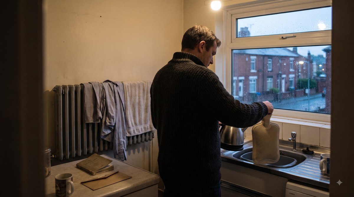 A narrow galley kitchen in a first-floor flat at dusk in late September, a man in a thick jumper filling a hot water bottle at the kettle while the radiator…