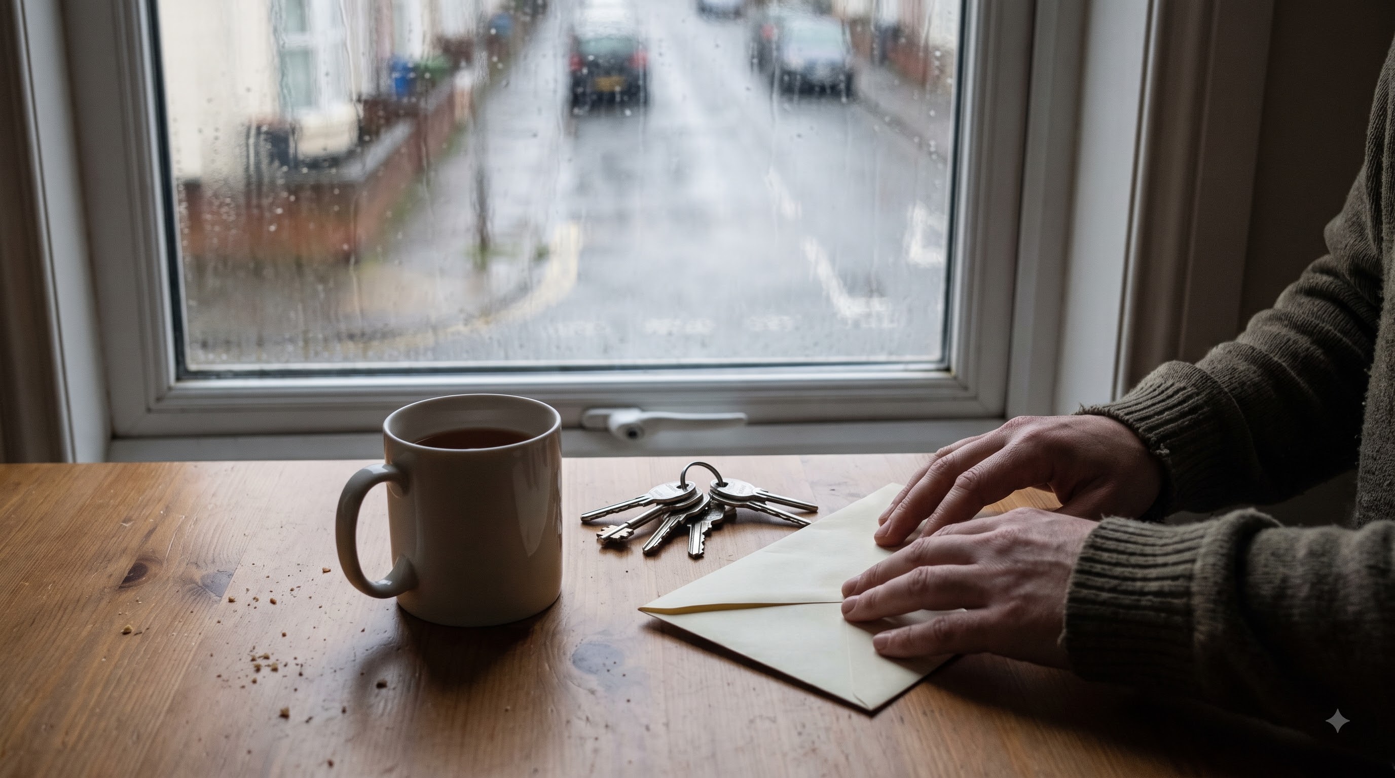 A mug of tea, a bunch of keys and a sealed envelope on a kitchen table, hands resting on it, with rain on the window onto a terraced street