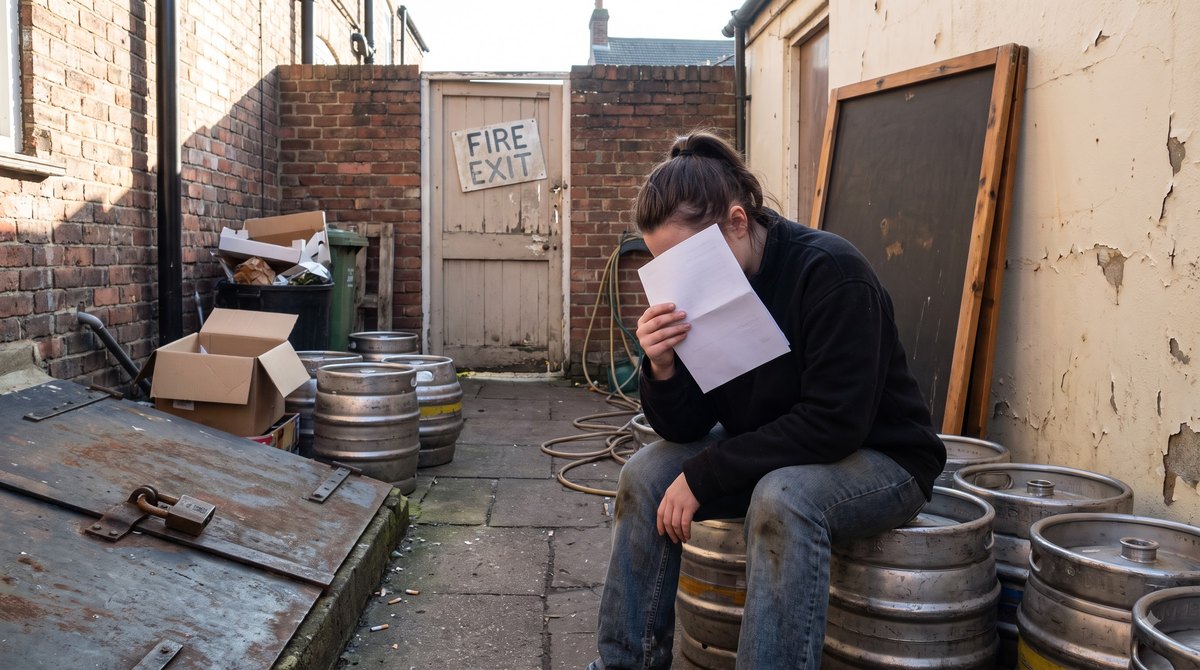 The back yard of a shuttered city bar on a cold bright morning, a young woman in a black work shirt sitting on a stack of empty kegs with a folded claim…