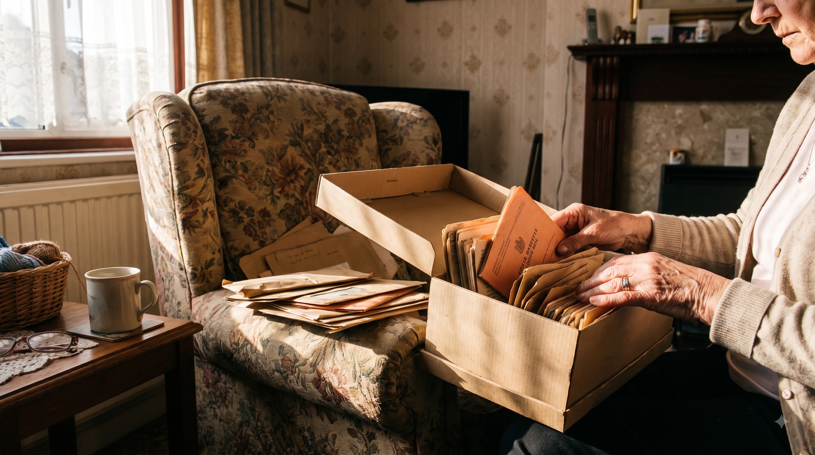 Late afternoon sun across a small suburban front room, an older woman's hands sorting a shoebox of old child benefit books and faded brown envelopes on the…