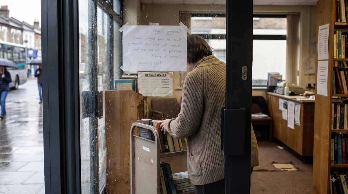 A small branch library in a south London terrace on a wet weekday morning, a volunteer in a cardigan stacking returned books onto a trolley below a…