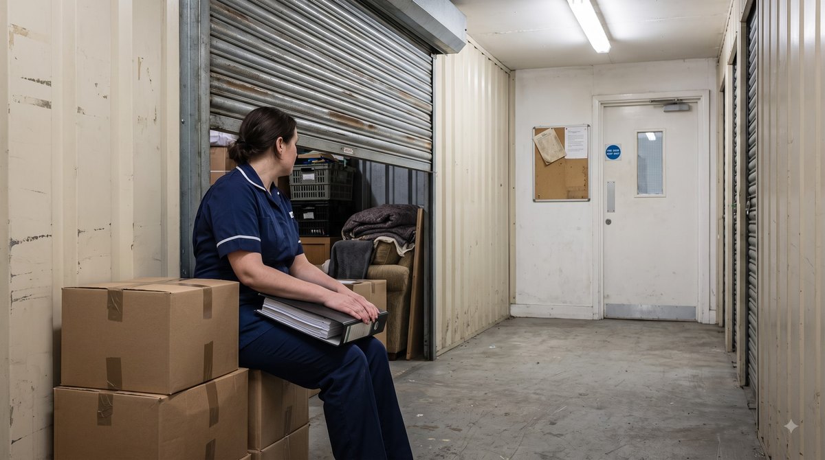 A self-storage corridor on an industrial estate on a weekday morning, a woman in a nurse's tunic sitting on a taped removal box with a closed ring binder of…