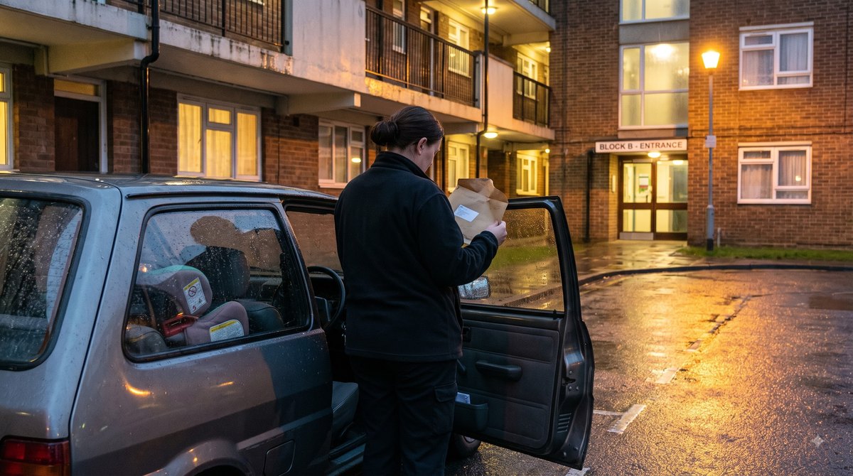 A small hatchback parked nose-in at a block of flats on a damp evening, a woman in a supermarket uniform standing at the driver's door holding an opened…