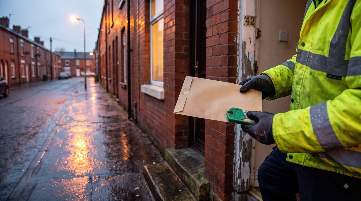 A Belfast terraced street doorway on a wet evening, a man in a hi-vis jacket standing on the step with an unopened electricity bill envelope in one hand and…