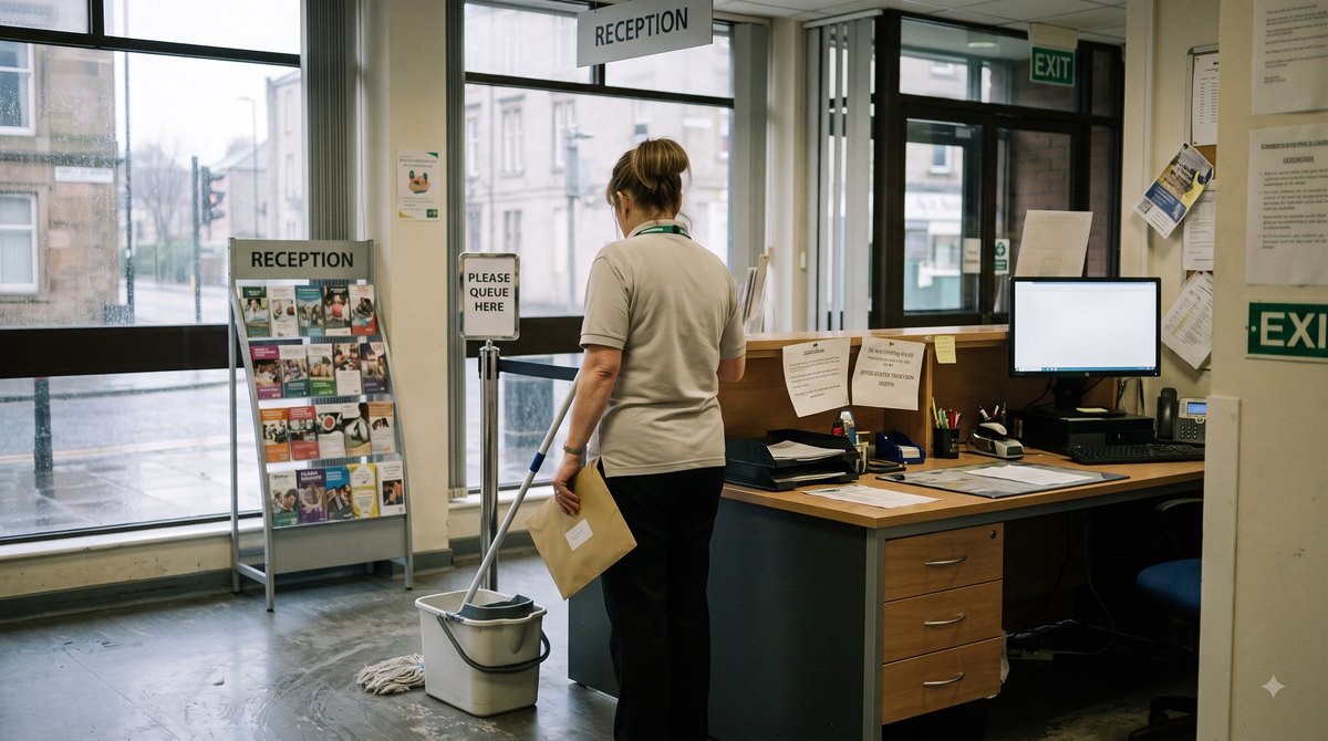 A council leisure centre reception just after opening on a grey Glasgow morning, a woman in a staff polo shirt and lanyard pausing at the desk with an…