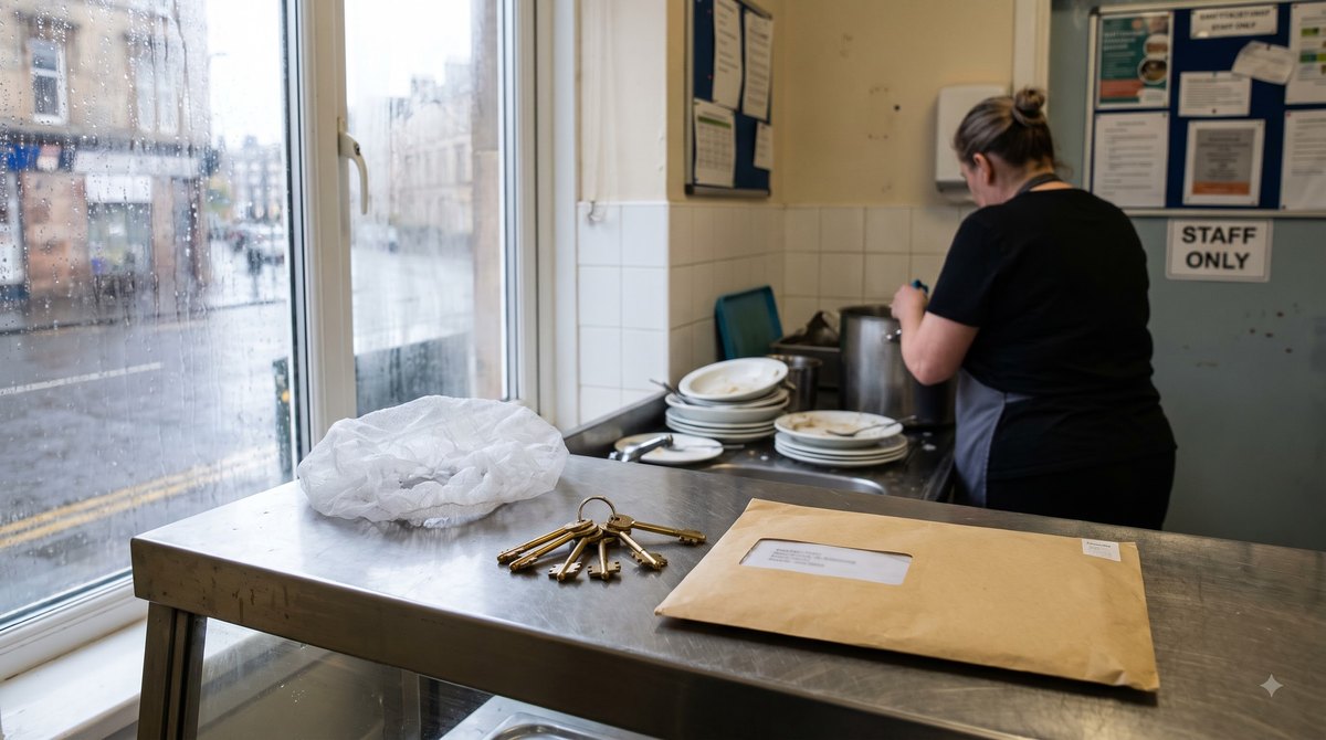 A primary school kitchen in Glasgow at the end of the lunch shift with steam still on the window, a hairnet and a set of locker keys left on the steel…