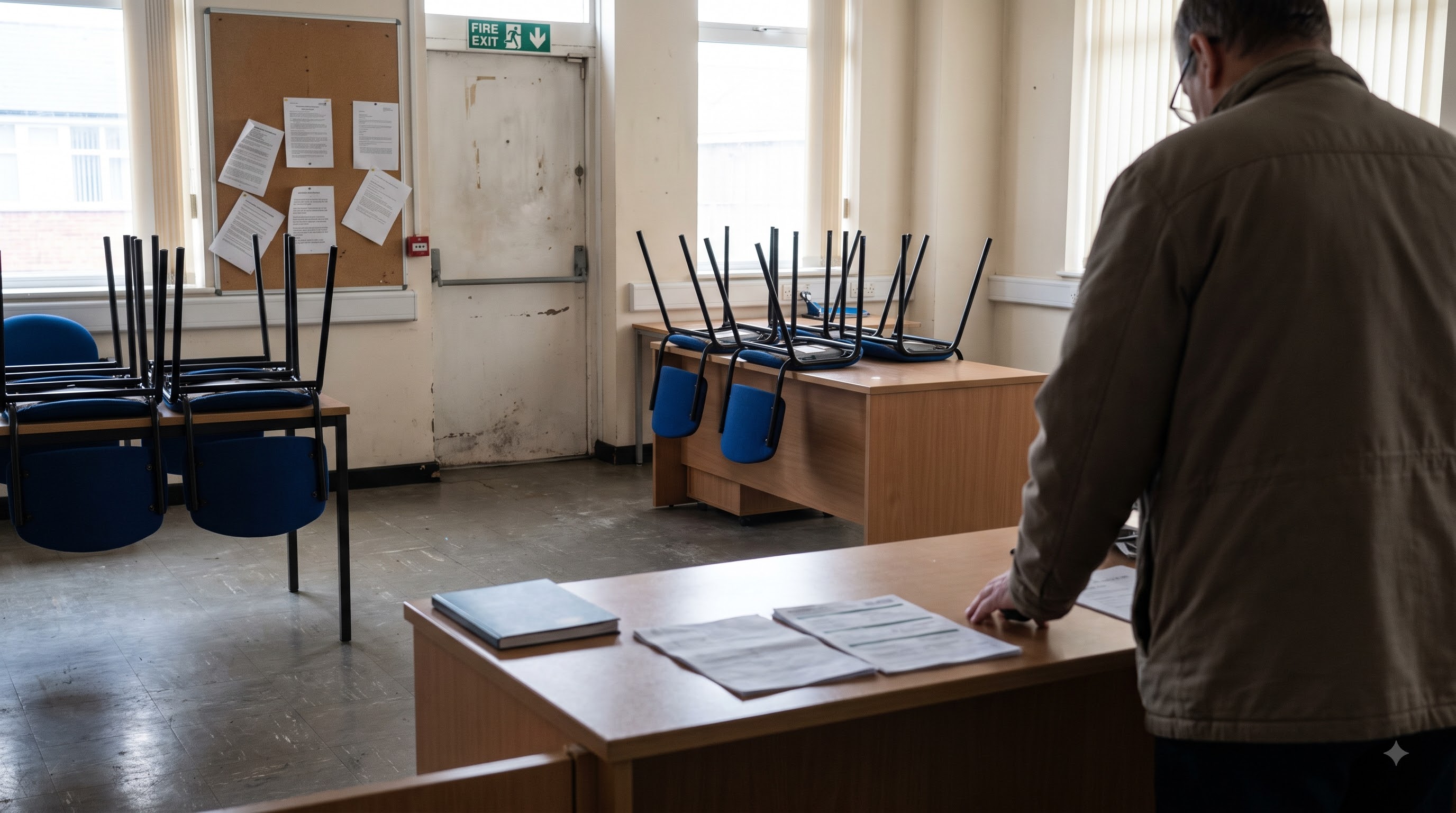 Chairs stacked on tables in a council meeting room, papers laid out on a desk where a man stands with his back to us