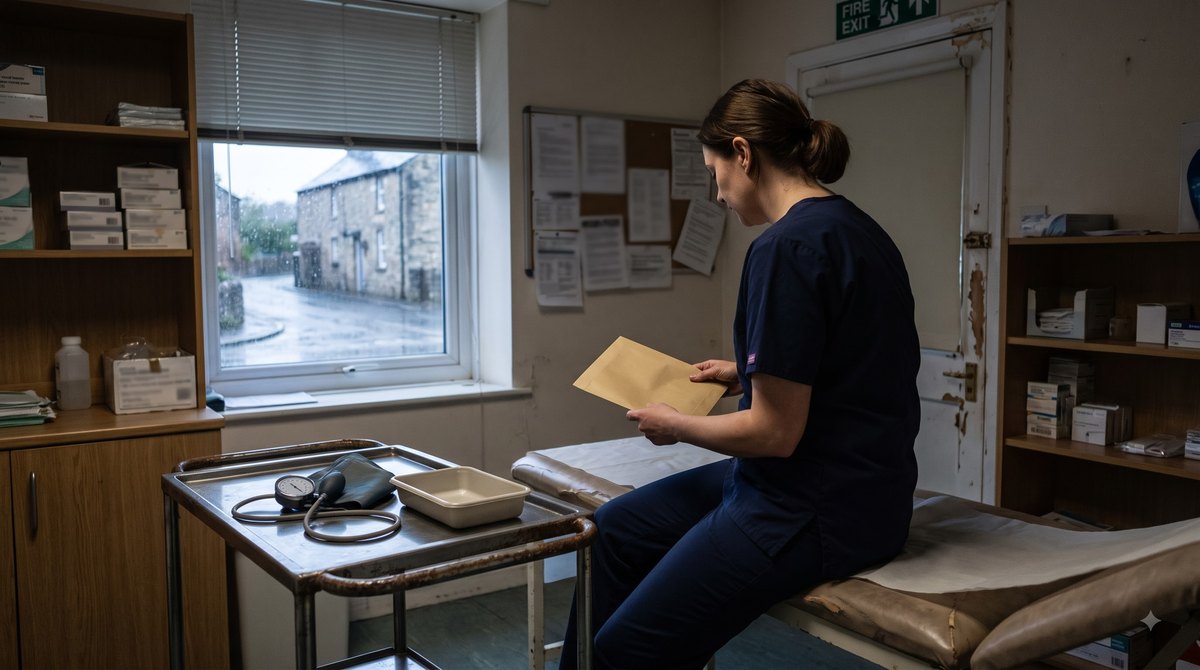 A treatment room in a small village GP surgery at the end of the day with the blinds half down, a nurse in navy scrubs sitting on the edge of the patient…