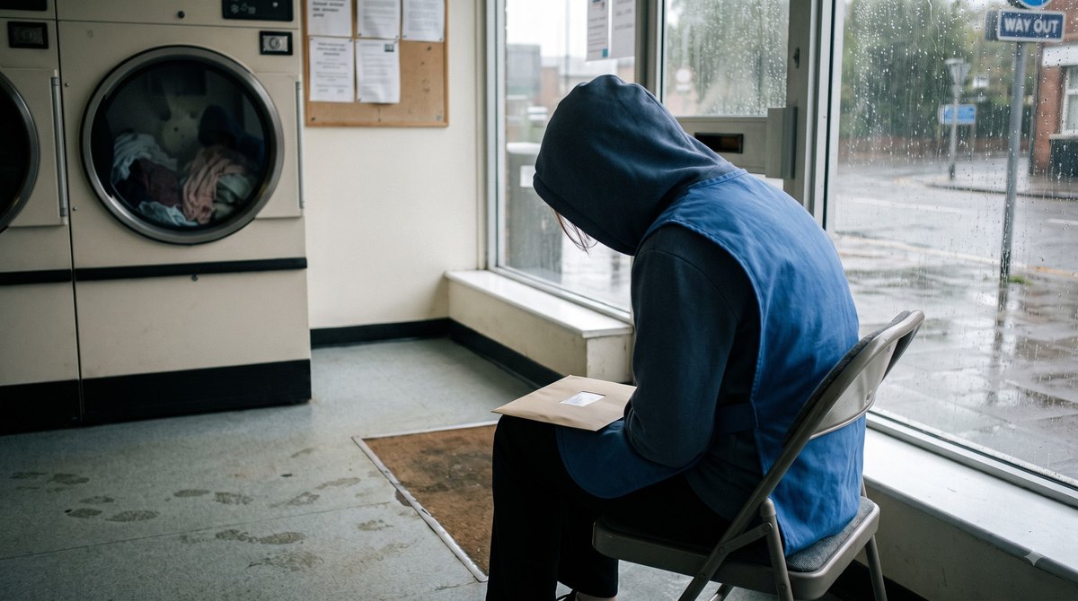 A launderette on a wet Tuesday morning in October, a young woman in a care home tabard sitting on the folding chairs with an unopened building society…