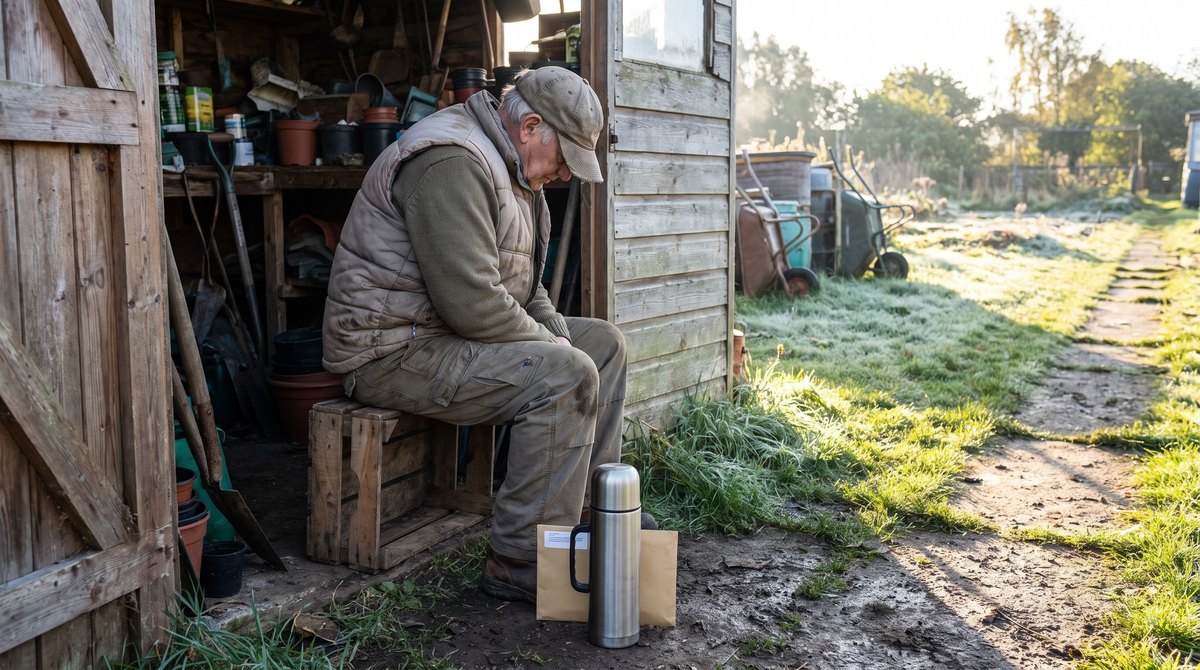 An allotment shed doorway on a cold bright September morning, an older man in a body warmer sitting on an upturned crate with an unopened brown envelope…