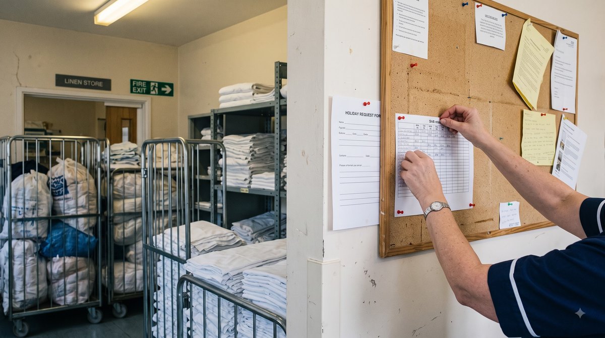 A hospital linen store at mid-morning, a pair of hands pinning a paper shift rota to a corkboard beside a blank holiday request form, laundry trolleys and…