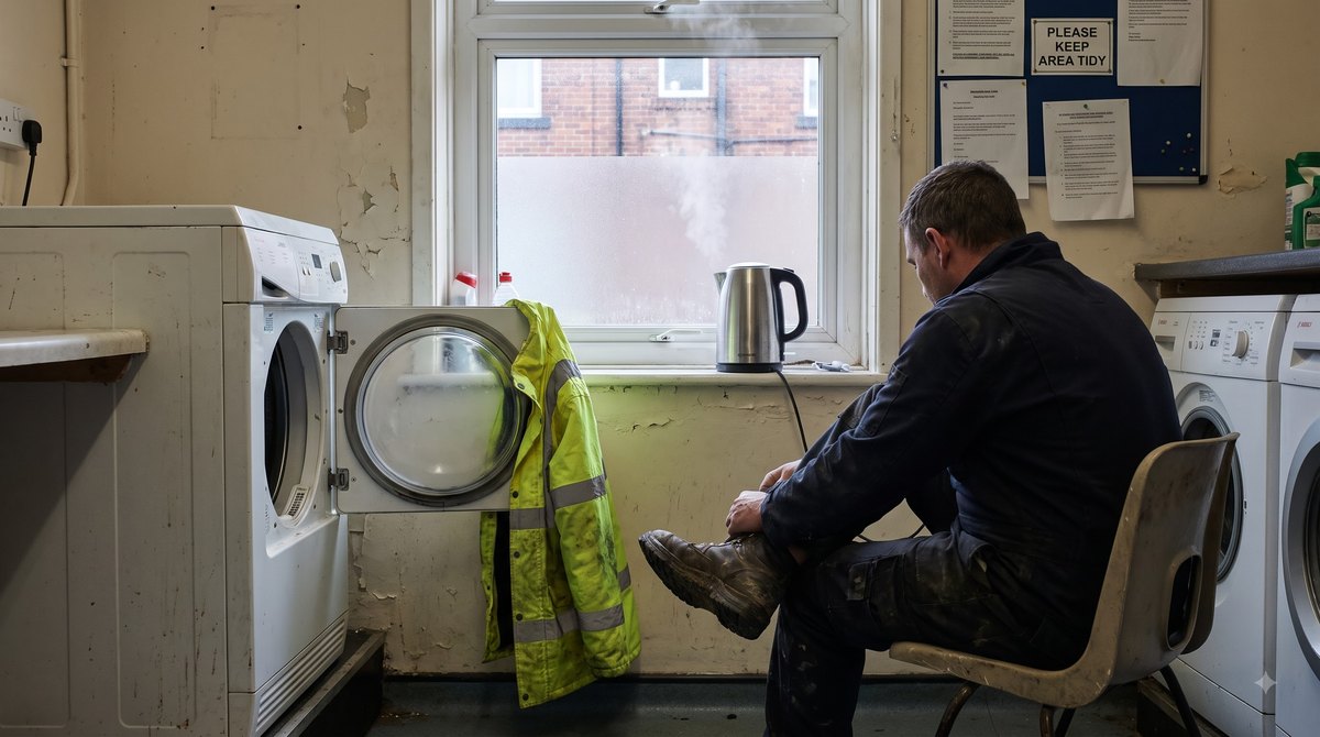 A hostel's shared laundry room early on a weekday morning, a young man in work boots sitting on a plastic chair to lace them, his high-vis jacket hanging on…