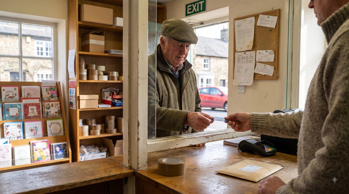 A village post office counter on a bright Tuesday morning, an older man in a flat cap passing a payment card under the glass to the clerk, shelves of…