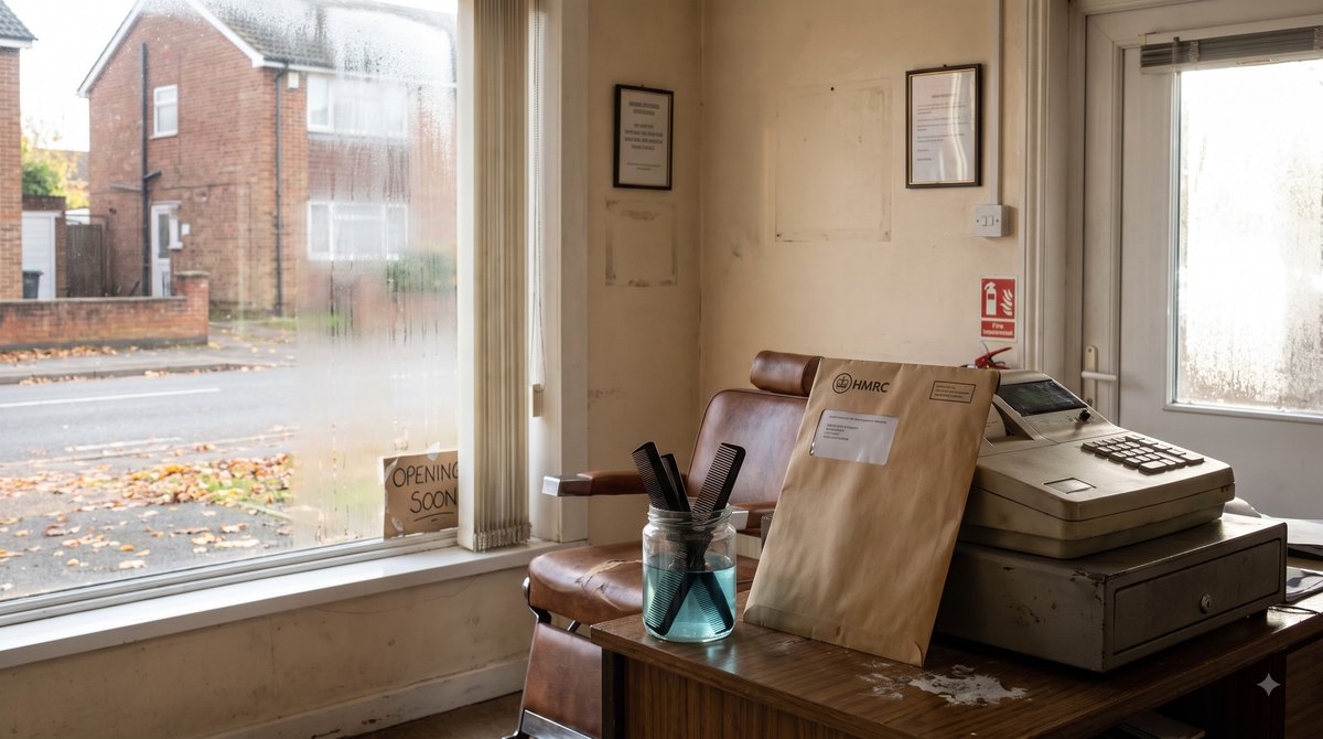 A one-chair barber's shop just before opening on a bright autumn morning, a brown HMRC envelope propped unopened against a closed till beside a jar of combs…