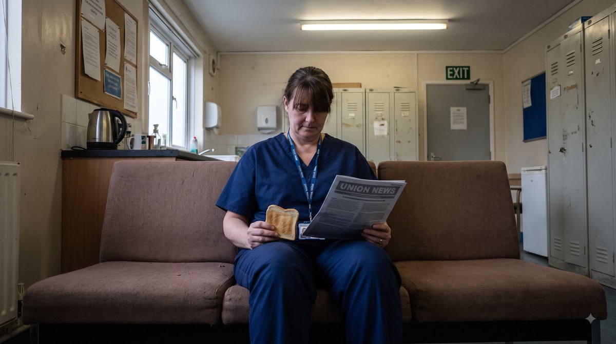 A hospital staff room at the end of a night shift, a midwife in navy scrubs and lanyard sitting on a low sofa with cold toast and a folded union newsletter…