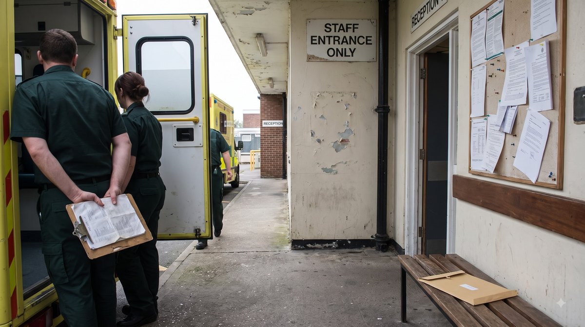 an ambulance bay in flat daylight, no registration plates legible