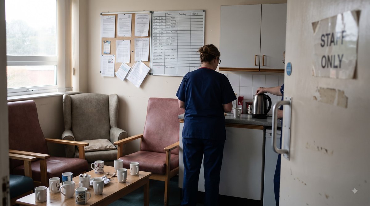 a hospital staff room with mugs and a rota board, early morning light