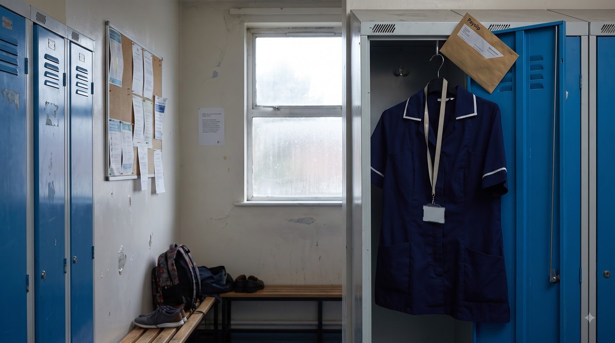 A hospital staff changing room in Belfast at the end of a night shift, a folded payslip tucked into the vent of an open locker with a tunic and lanyard…