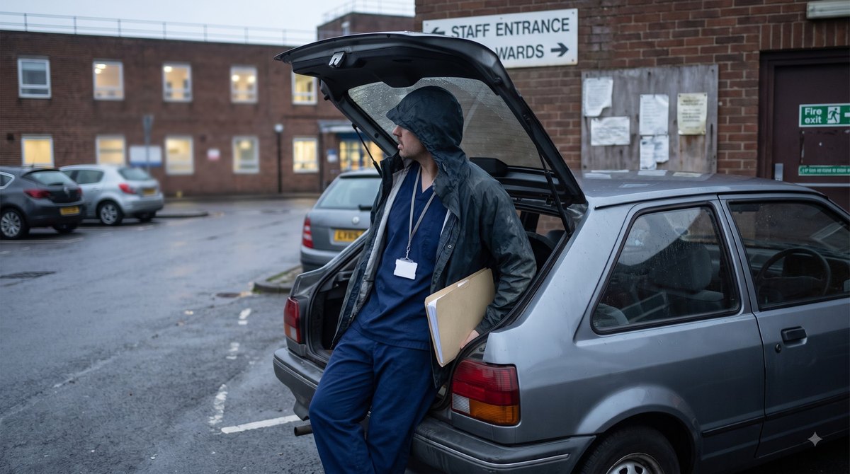 A hospital staff car park at the end of a night shift in thin grey morning light, a locum doctor in scrubs and an unzipped coat leaning against the open…