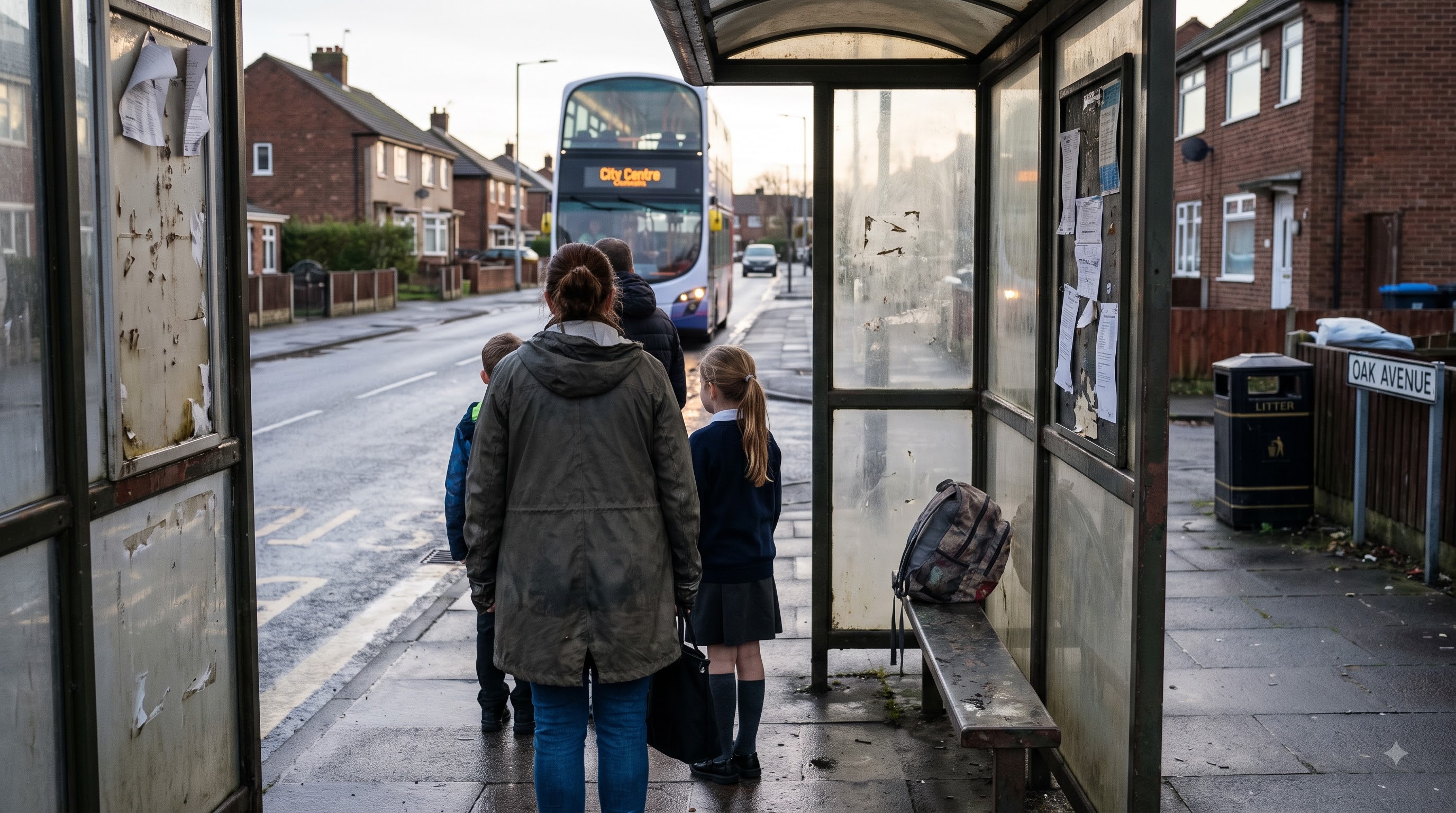 A woman and two children wait at a bus shelter on a wet suburban street as a double-decker marked City Centre pulls in