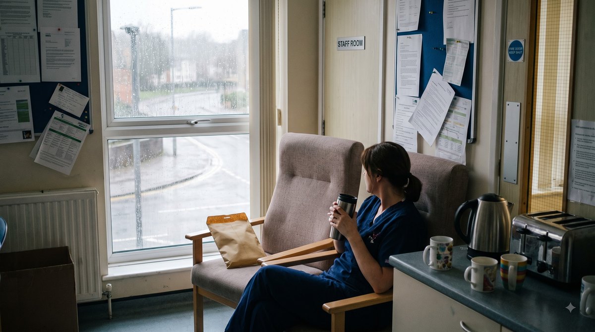 A hospital staff room at seven in the morning after a night shift, rain running down the window, a nurse in scrubs sitting alone with a thermos while an…