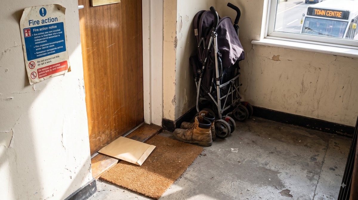 A first-floor flat landing above a parade of shops on a bright September morning, a letting agent's brown envelope wedged half under the doormat beside a…