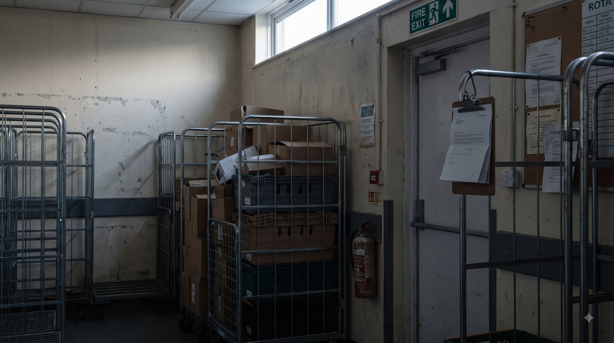 A supermarket stockroom at the end of a night shift, roll cages pushed against the wall and a folded sick note clipped to a board hanging beside the fire exit