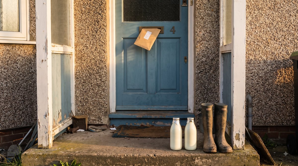The front porch of a pebbledashed bungalow just after sunrise, a brown envelope pushed halfway through the letterbox from the outside, two milk bottles and…