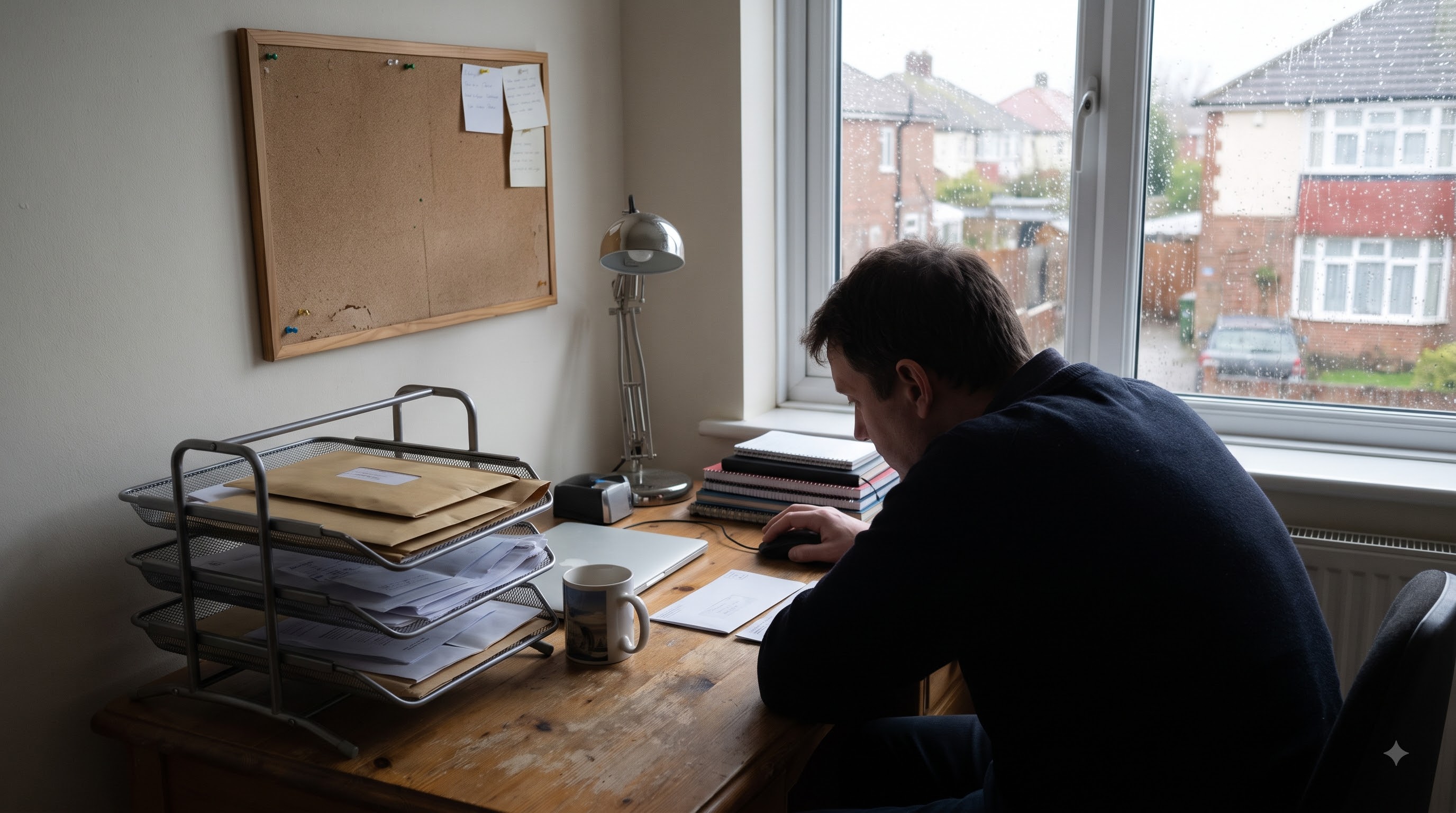 A man works at a home desk beside a rain-spotted window, with a three-tier tray of loose papers and brown envelopes beside him