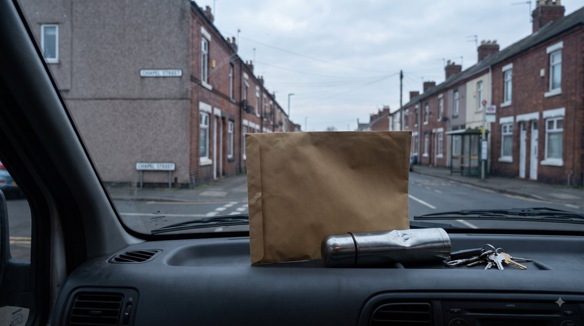 A delivery van cab parked on a terraced residential street at first light, a brown government envelope propped unopened against the inside of the windscreen…
