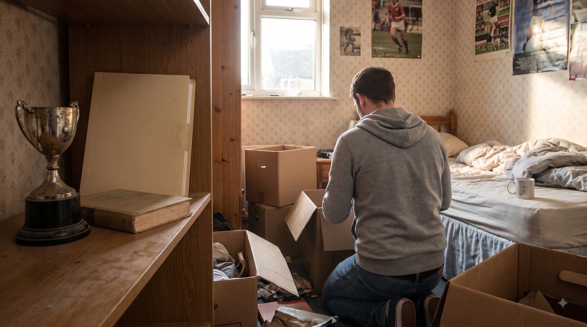 A cramped childhood bedroom in a parents' house on a bright Saturday morning, a man in his late twenties kneeling beside flat-packed removal boxes with a…