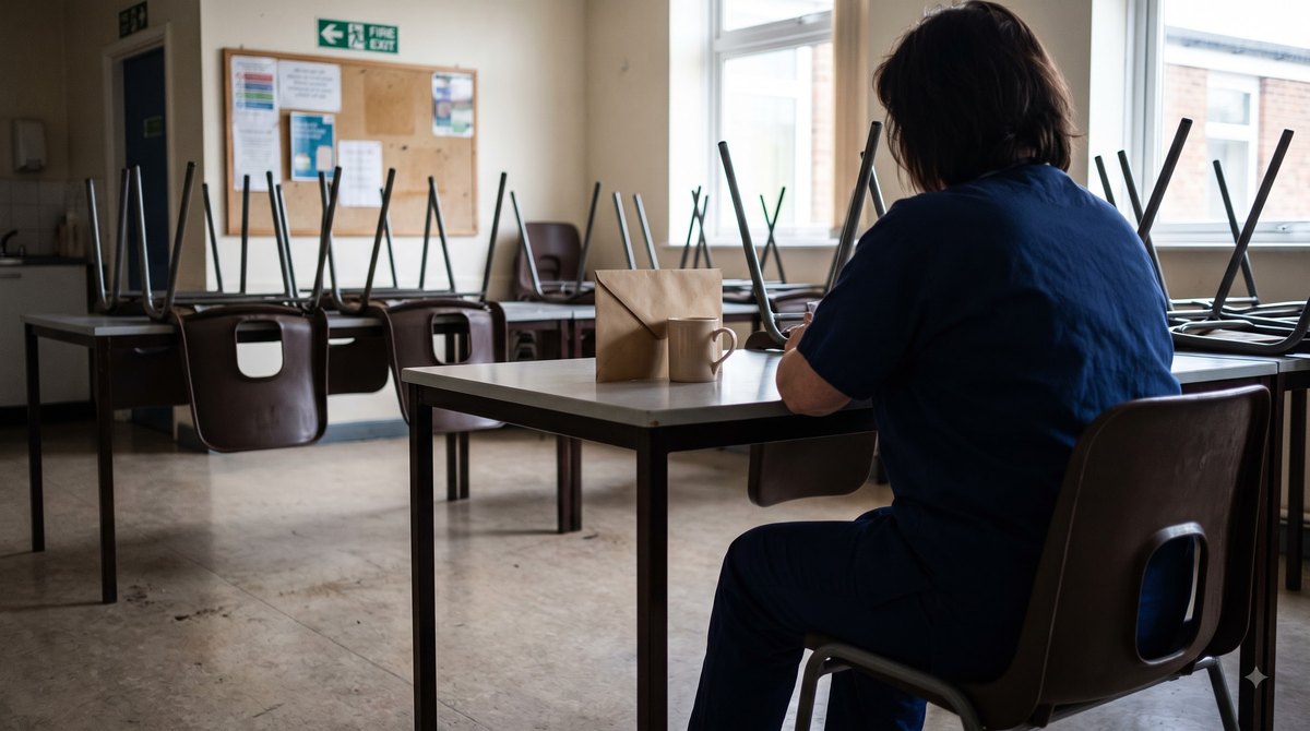 A hospital staff canteen at the end of a late shift, chairs stacked on the tables around one woman in scrubs who has an unopened pension envelope propped…