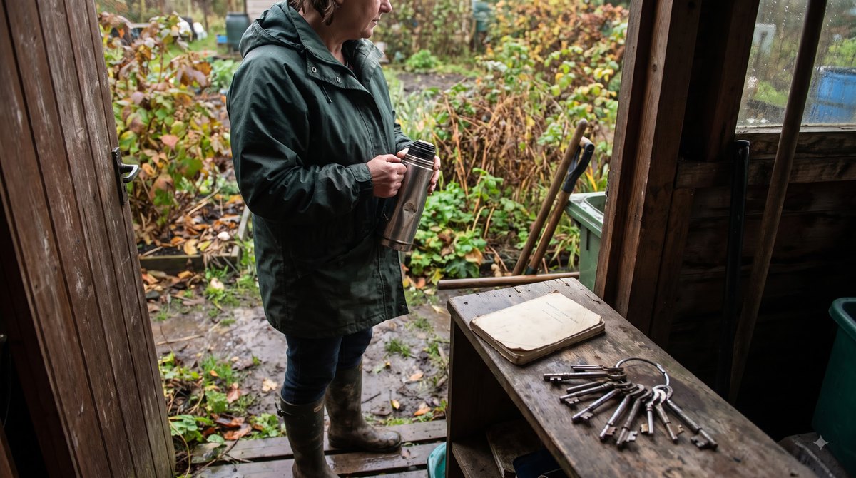 An allotment shed doorway in autumn drizzle, a woman in her fifties in a waterproof and wellingtons standing with a flask of tea, a closed post office…