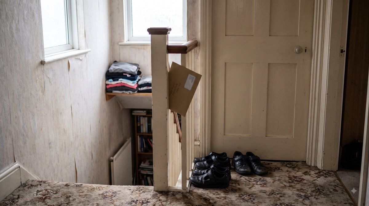 A cramped upstairs landing in a terraced house on a grey weekday morning, three sets of school shoes lined up outside a bedroom door and a brown government…