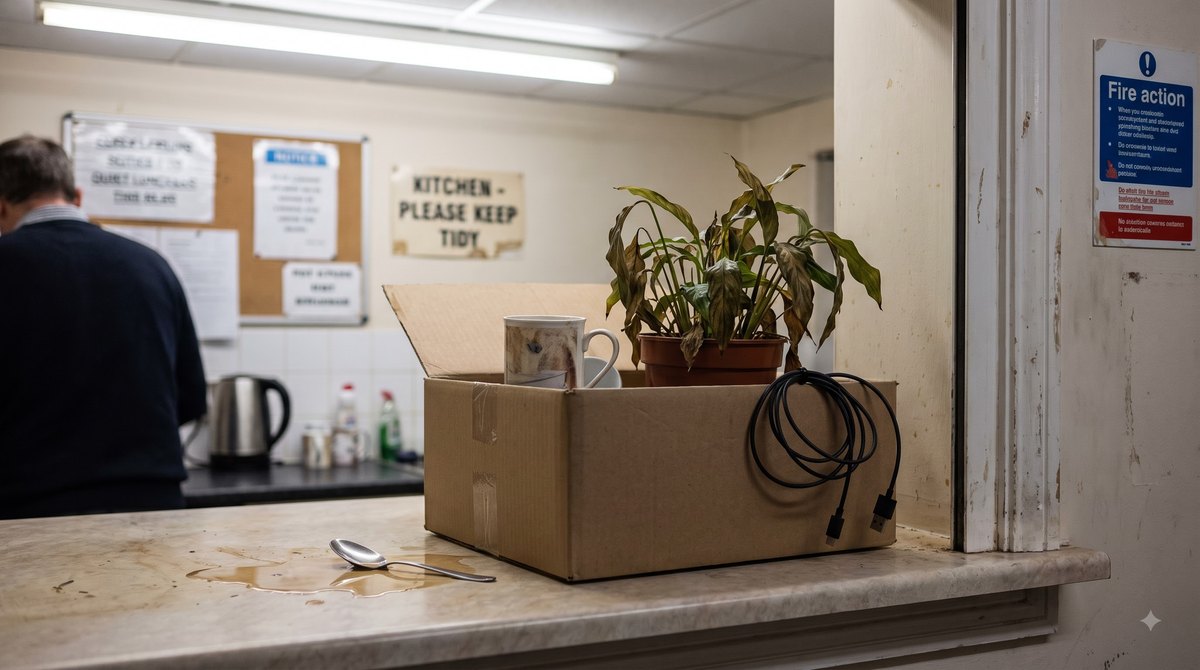 An office kitchen at lunchtime under a strip light, a cardboard box of desk things — a mug, a dying desk plant, a coiled phone charger — left on the counter…