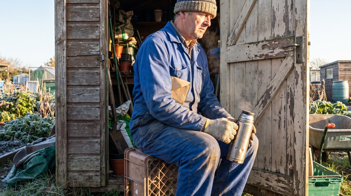 An allotment shed doorway on a cold bright October morning, a man in his late fifties in overalls sitting on an upturned crate with a thermos flask, a…