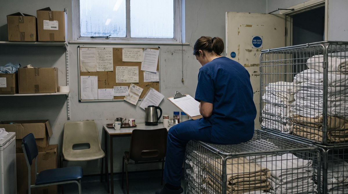 A hospital linen store doubling as a staff break space at the end of a night shift, a woman in scrubs sitting on a stacked laundry cage with a blank leave…