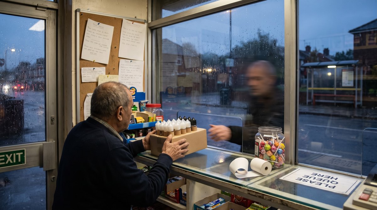 A corner shop counter at closing time on a wet Thursday evening, the shopkeeper's hands sliding a small cardboard carton of plain vape liquid bottles across…