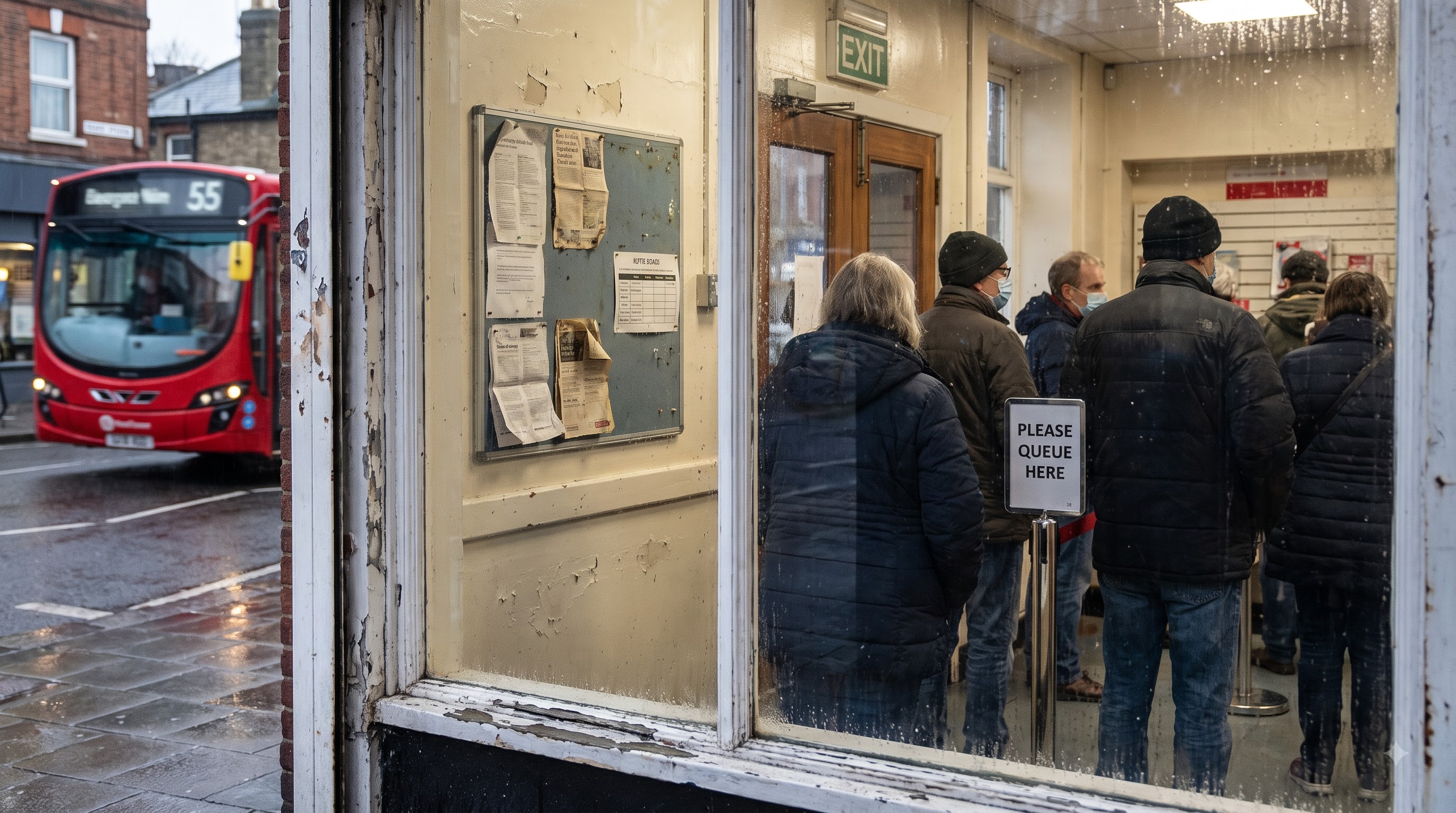 A queue inside a post office, seen from the wet pavement through a rain-streaked window, with a bus passing outside