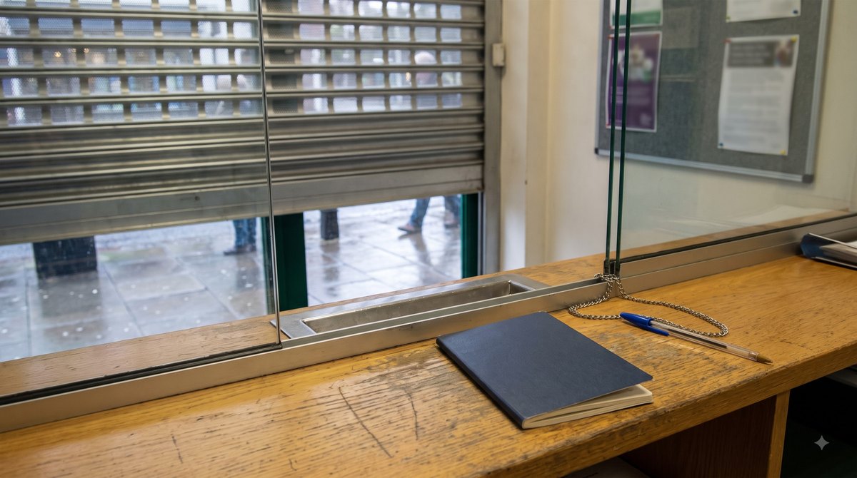 A small-town building society branch just after opening on a wet weekday morning, a closed savings passbook and a chained pen left on the worn counter…
