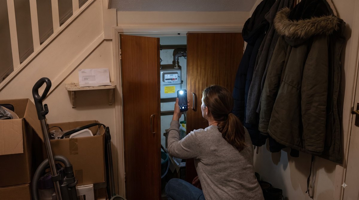 A dim under-stairs cupboard in a 1970s semi on a September evening, a woman kneeling with a phone torch in one hand and the gas meter cupboard door open in…