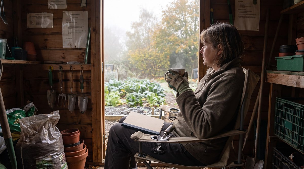 An allotment shed on a still October morning, a woman in her early fifties sitting in the open doorway with a mug of tea, a closed workplace pension booklet…