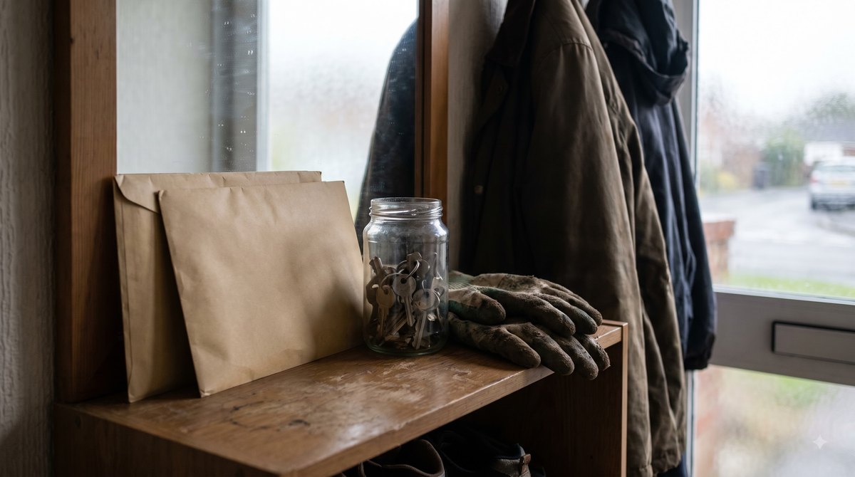 A cluttered hallway shelf in a 1960s bungalow on a grey October morning, two unopened brown government envelopes propped against a jar of keys beside a pair…
