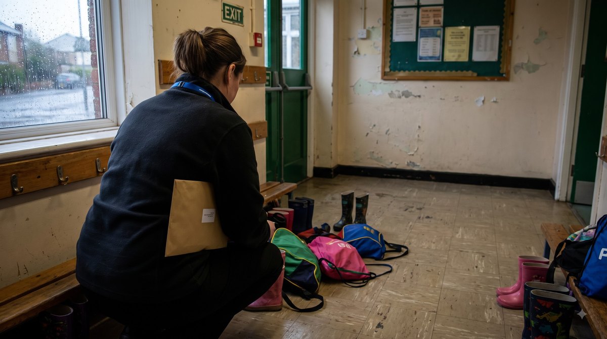 A primary school cloakroom just after home time on a grey afternoon, a teaching assistant in a lanyard crouching among low coat pegs and abandoned PE bags…